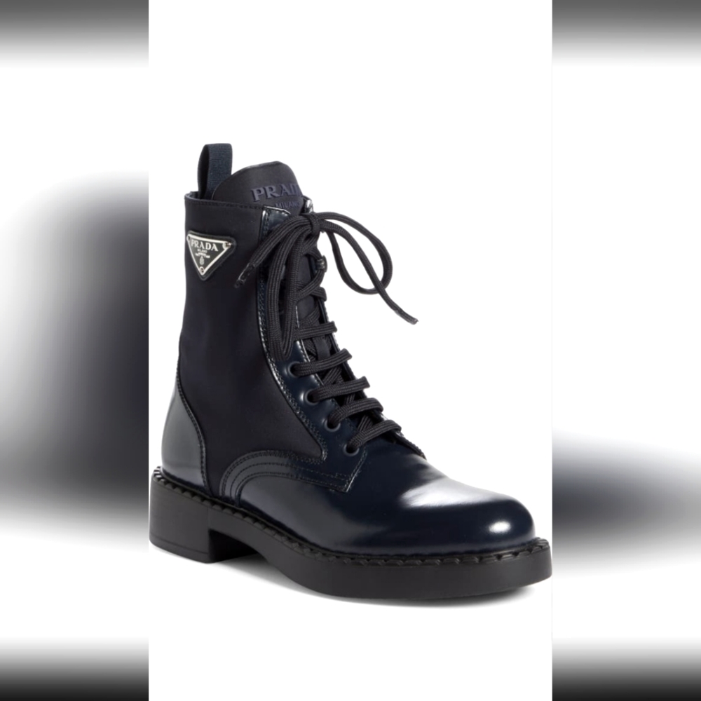 Prada Brushed-Leather And Re-Nylon Combat Boots